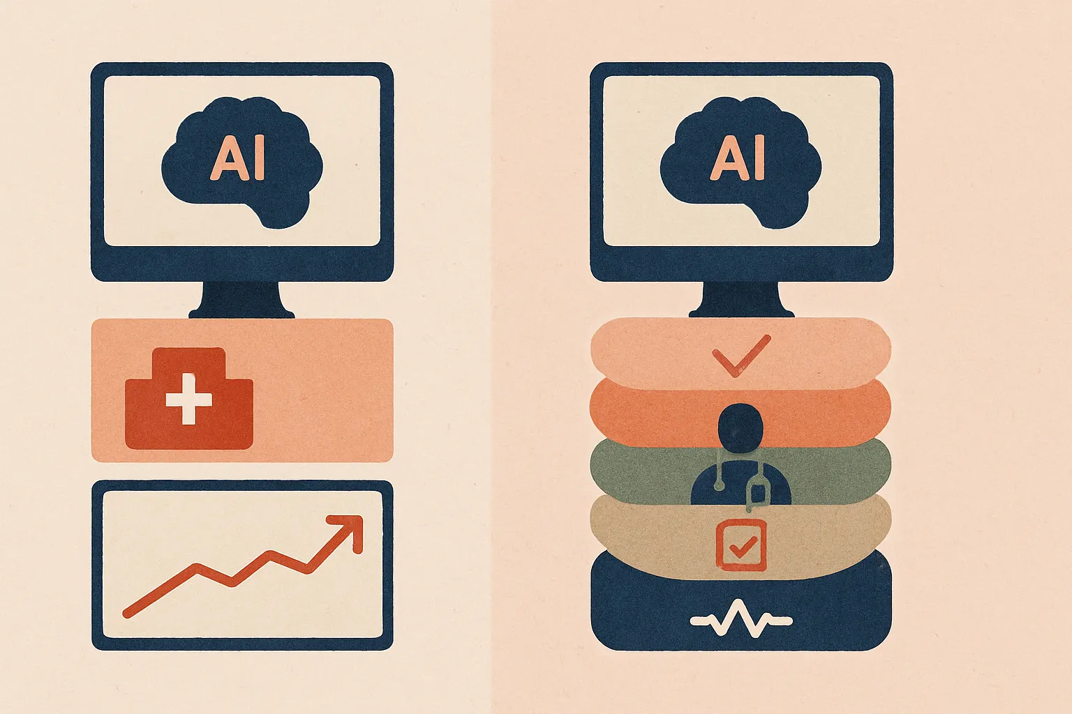 side-by-side comparison of benchmark-winning medical AI versus production-safe ER AI, showing extra layers like data validation, escalation, clinician review, audit logging, and monitoring