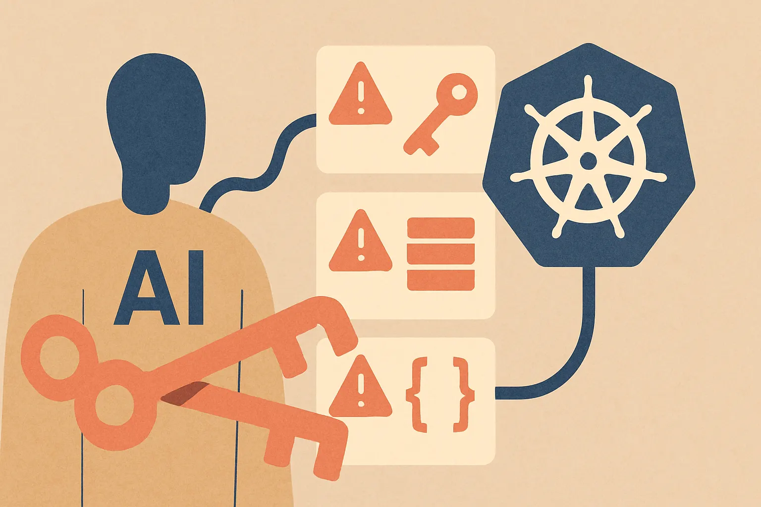 an AI agent connected directly to a Kubernetes cluster with oversized admin keys, red warning icons around secrets, deployments, and namespaces
