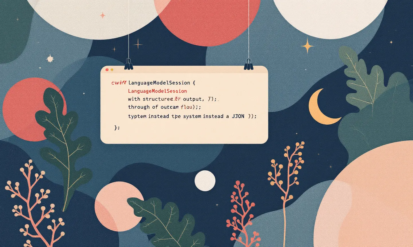 Swift code showing LanguageModelSession with structured output flowing through the type system instead of JSON parsing