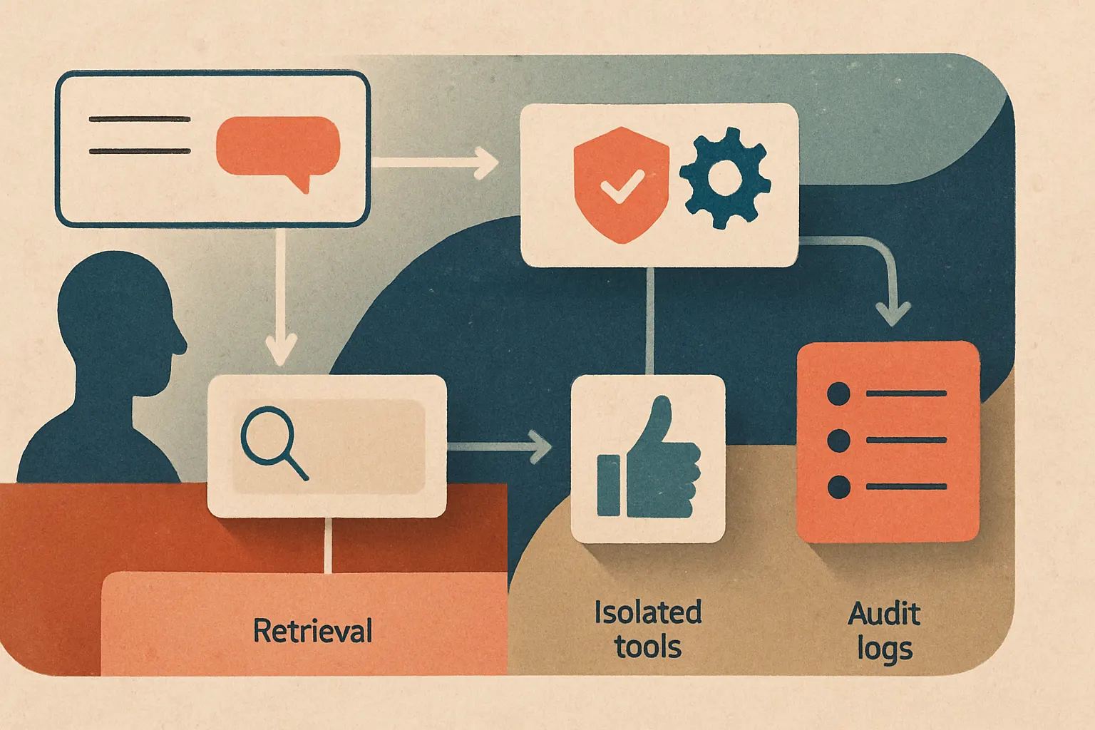 layered defense illustration for an LLM app showing user input, retrieval, policy engine, isolated tools, human approval, and audit logs