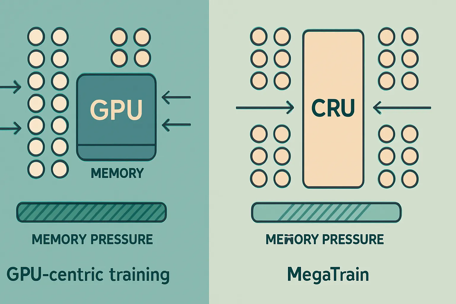 side-by-side comparison showing traditional GPU-centric LLM training versus MegaTrain CPU-memory-centric training, with arrows for parameter movement and labels for GPU memory pressure