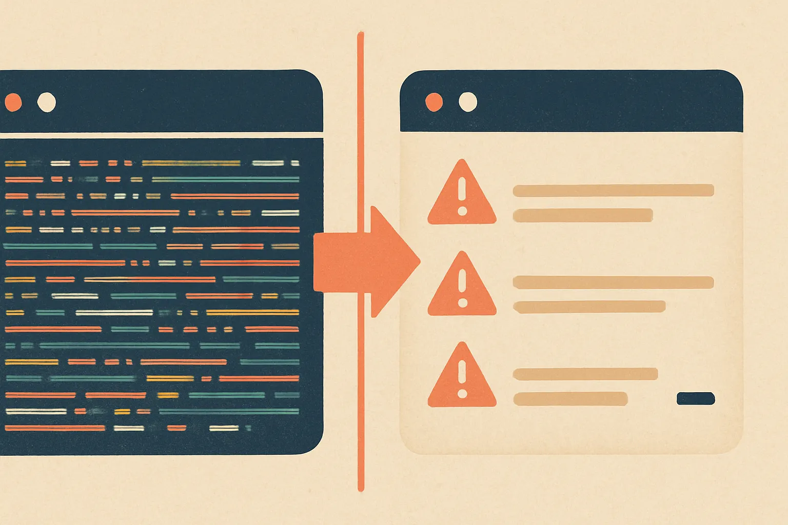 side-by-side comparison of raw CLI output full of logs and ANSI noise versus a filtered agent-ready summary with only errors, file paths, and exit status
