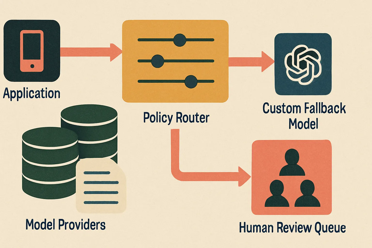 enterprise AI vendor risk architecture showing app layer, policy router, model providers, custom fallback model, audit logs, and human review queue