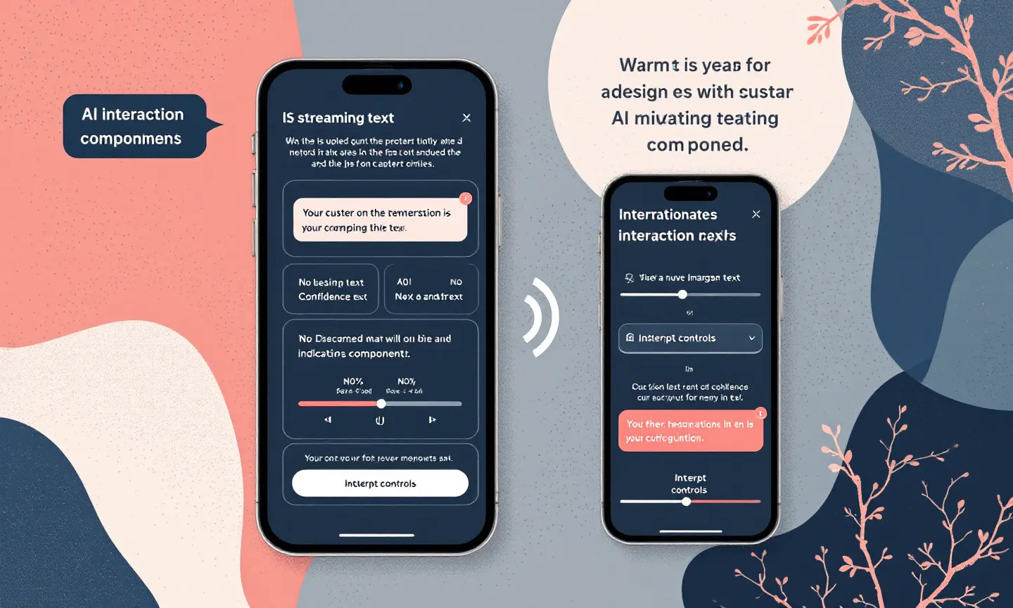 Side-by-side comparison of a standard iOS design kit component next to a custom AI interaction component showing streaming text, confidence indicators, and interrupt controls