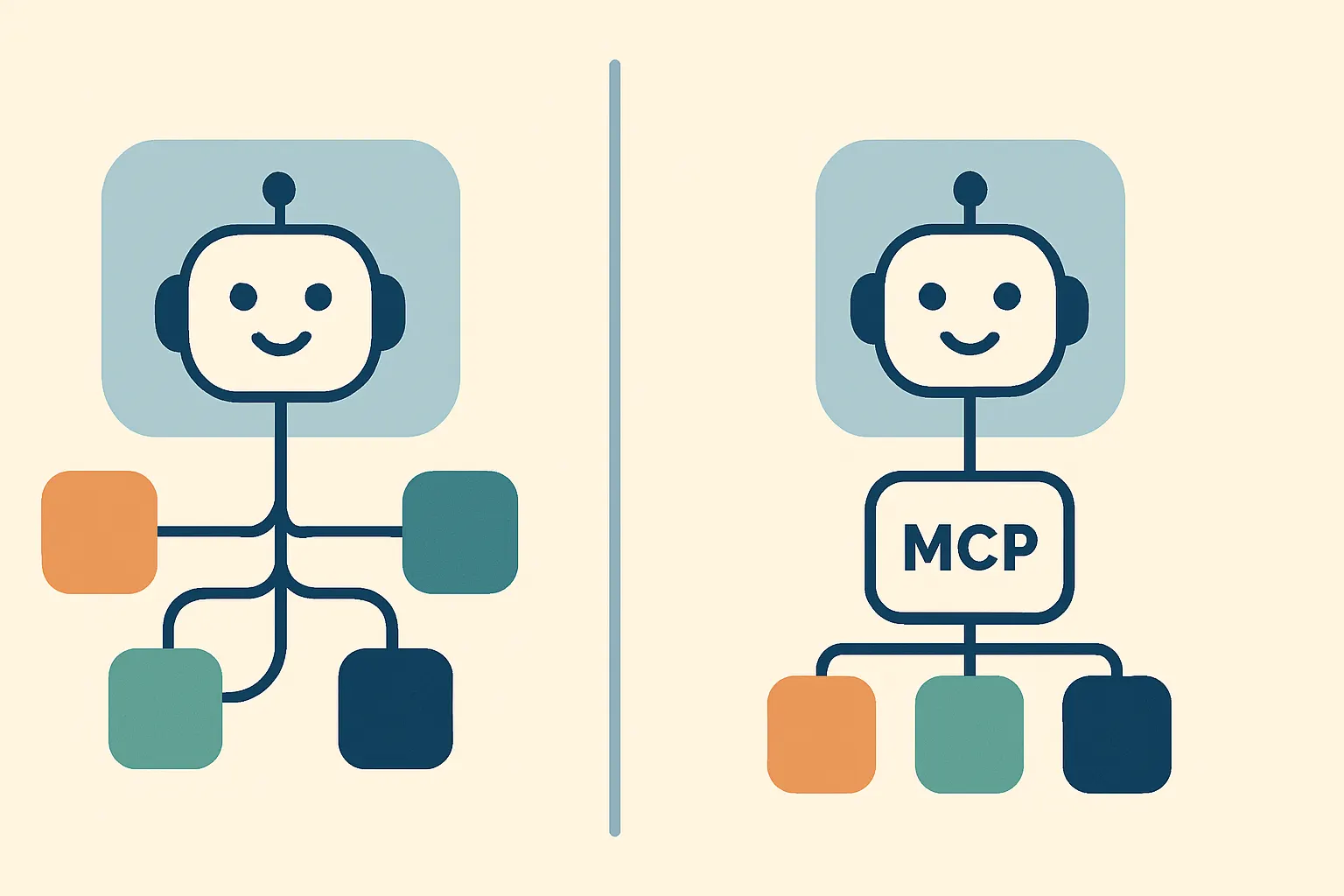 side-by-side comparison of an AI agent using custom one-off integrations versus a standardized MCP-based tool layer, showing reduced complexity and cleaner tool discovery