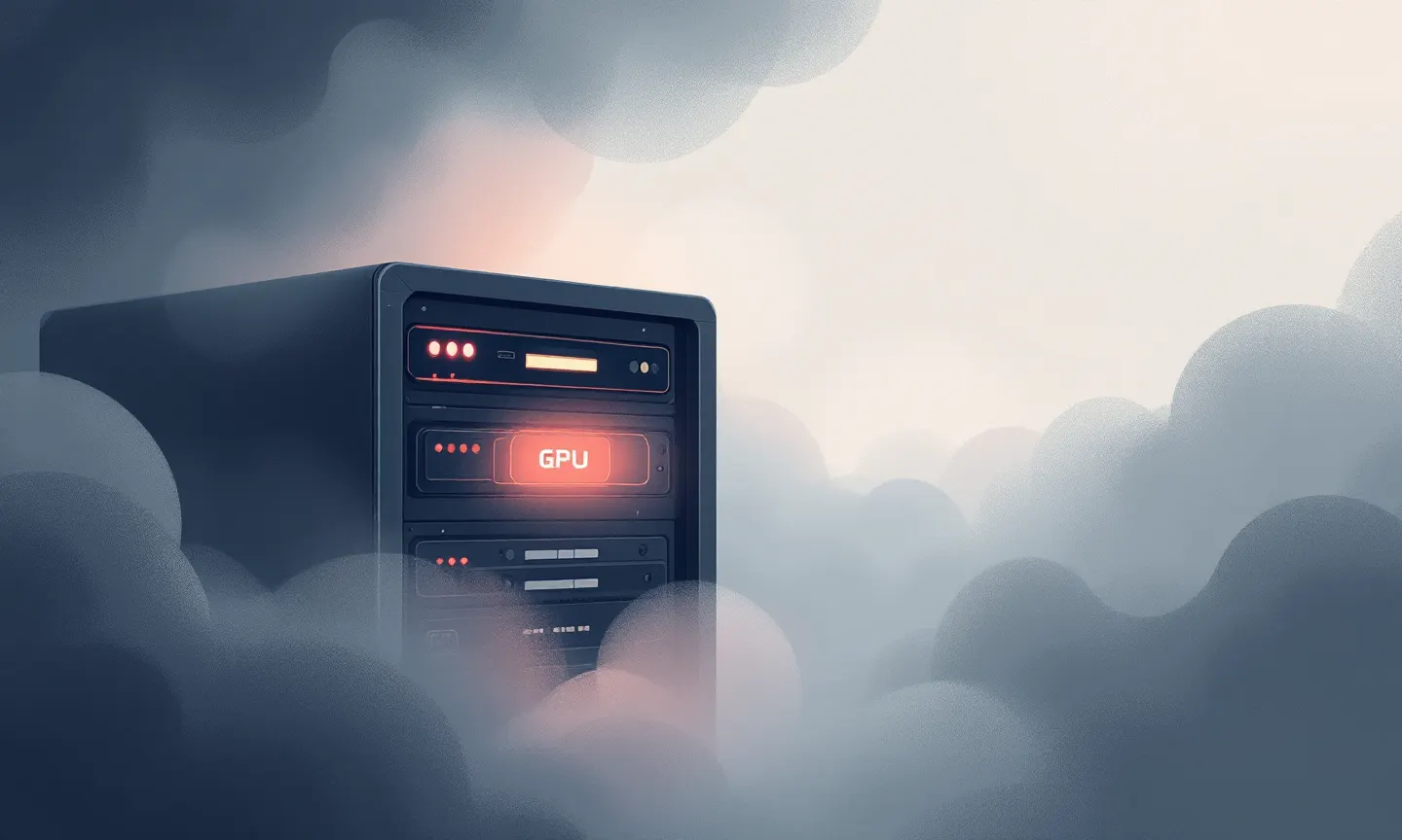abstract illustration of a server rack half obscured by fog, with a single glowing GPU card visible through the mist