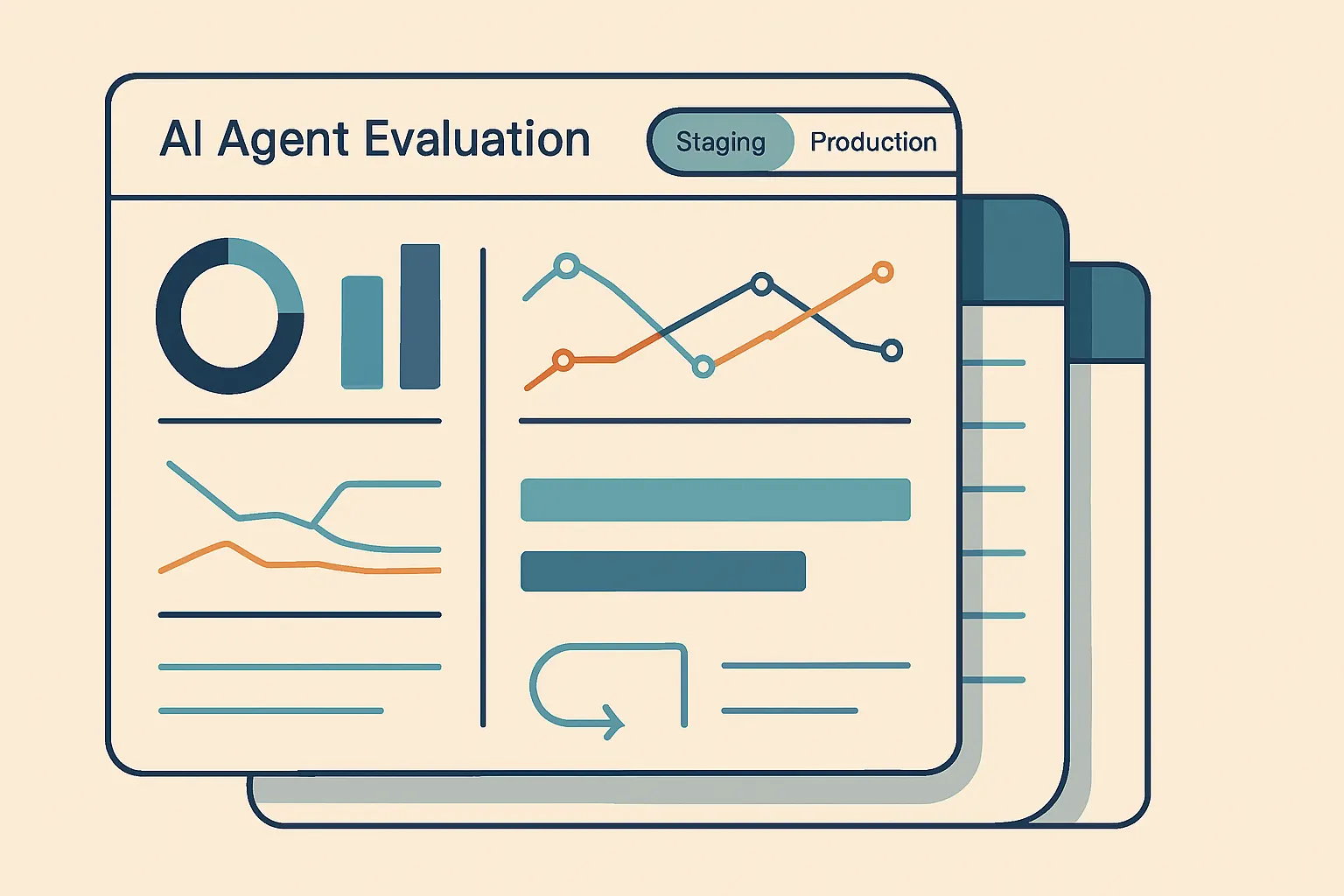layered AI agent evaluation dashboard showing task success, tool-call accuracy, latency, cost per task, and recovery rate across staging and production