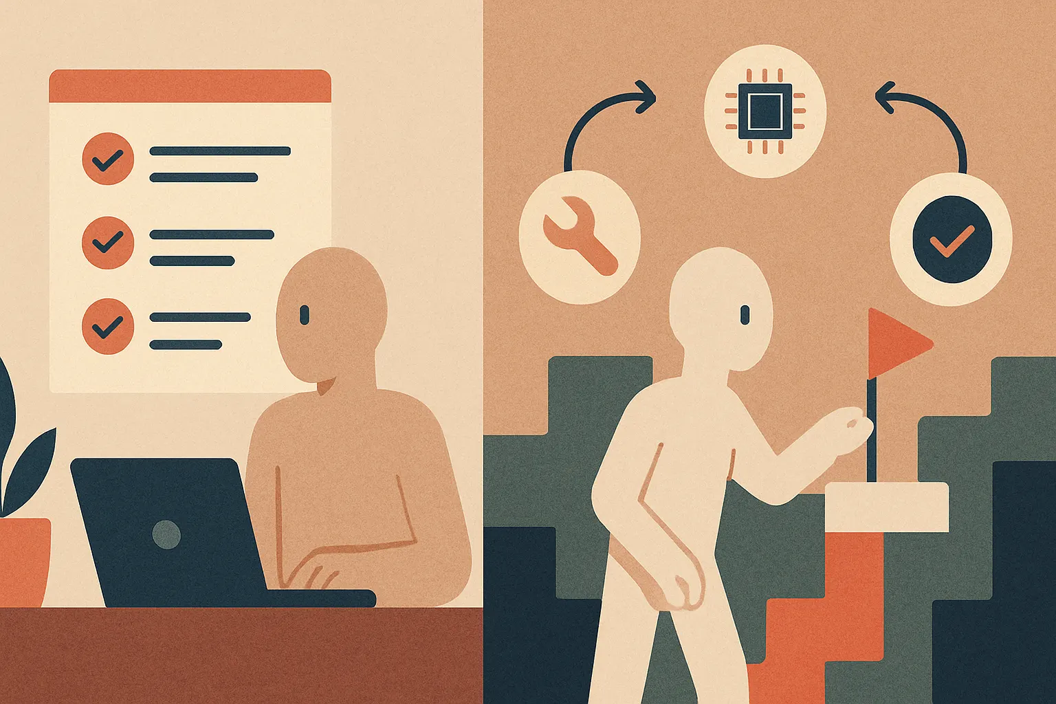 side-by-side illustration of an LLM writing a confident plan versus an AI agent interacting with a changing game environment with memory, tools, and feedback loops