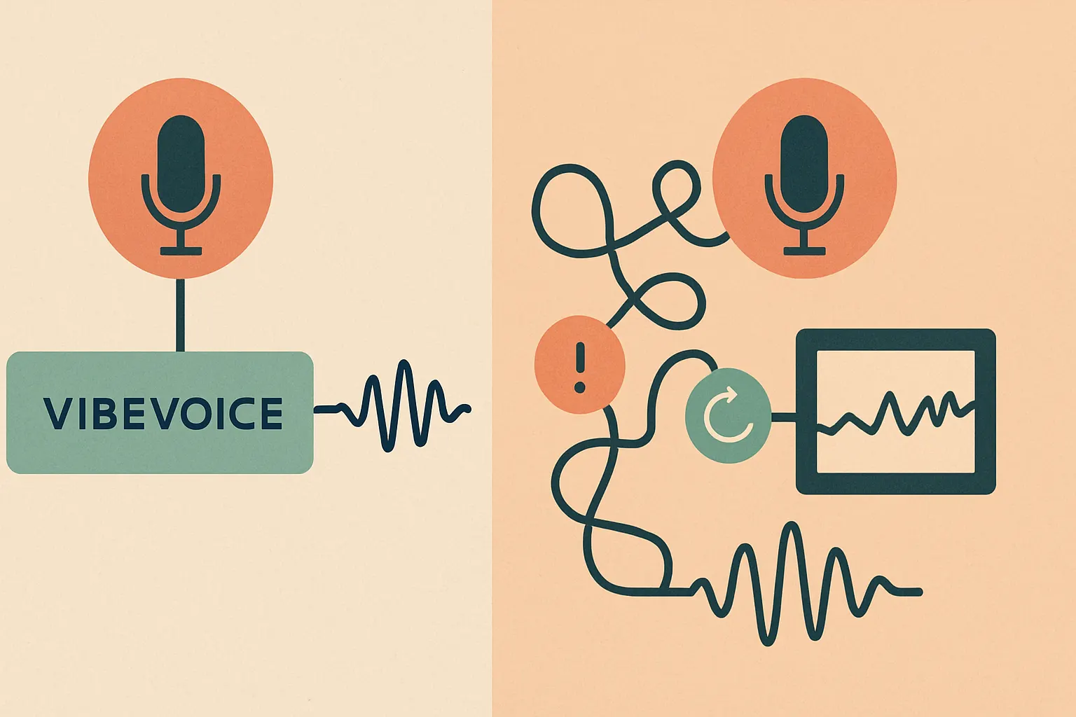 side-by-side comparison of a polished VibeVoice demo workflow versus a messy real production voice pipeline with latency, retries, and monitoring overlays