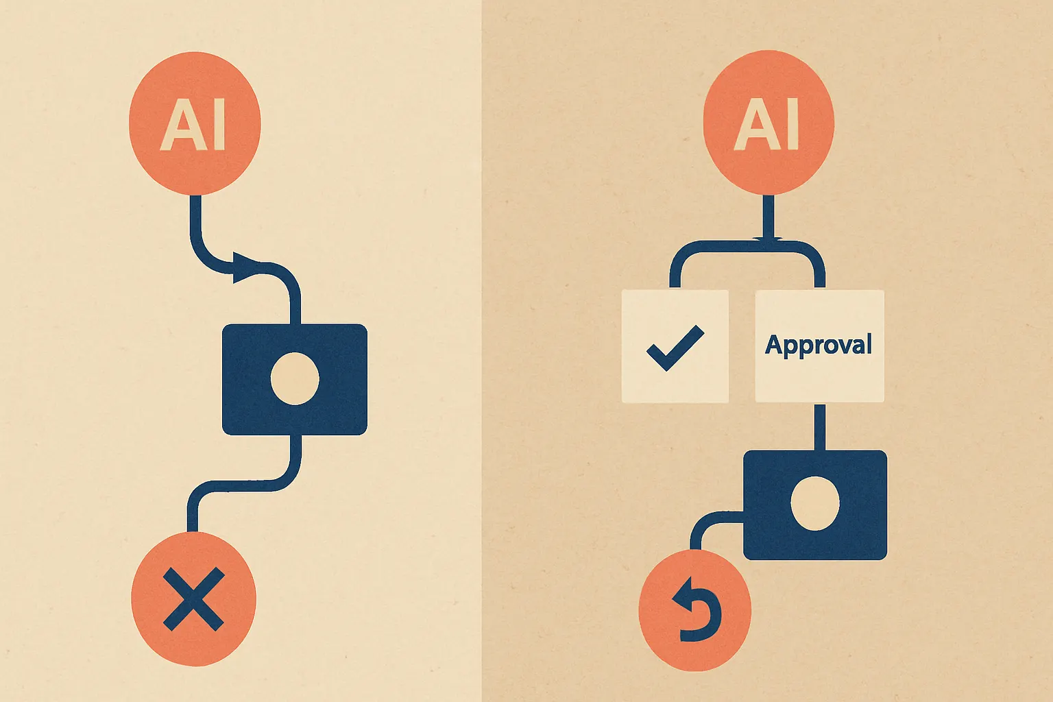 side-by-side comparison of unsafe AI agent direct-to-production execution versus guarded execution with dry run, approval, and rollback checkpoints