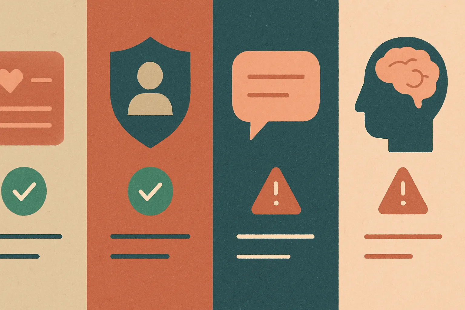 four-column visual showing memory categories for AI agents: stable user preferences, verified account facts, short-lived session notes, and unsafe inferred beliefs, with green checks on the first two and warning icons on the last two