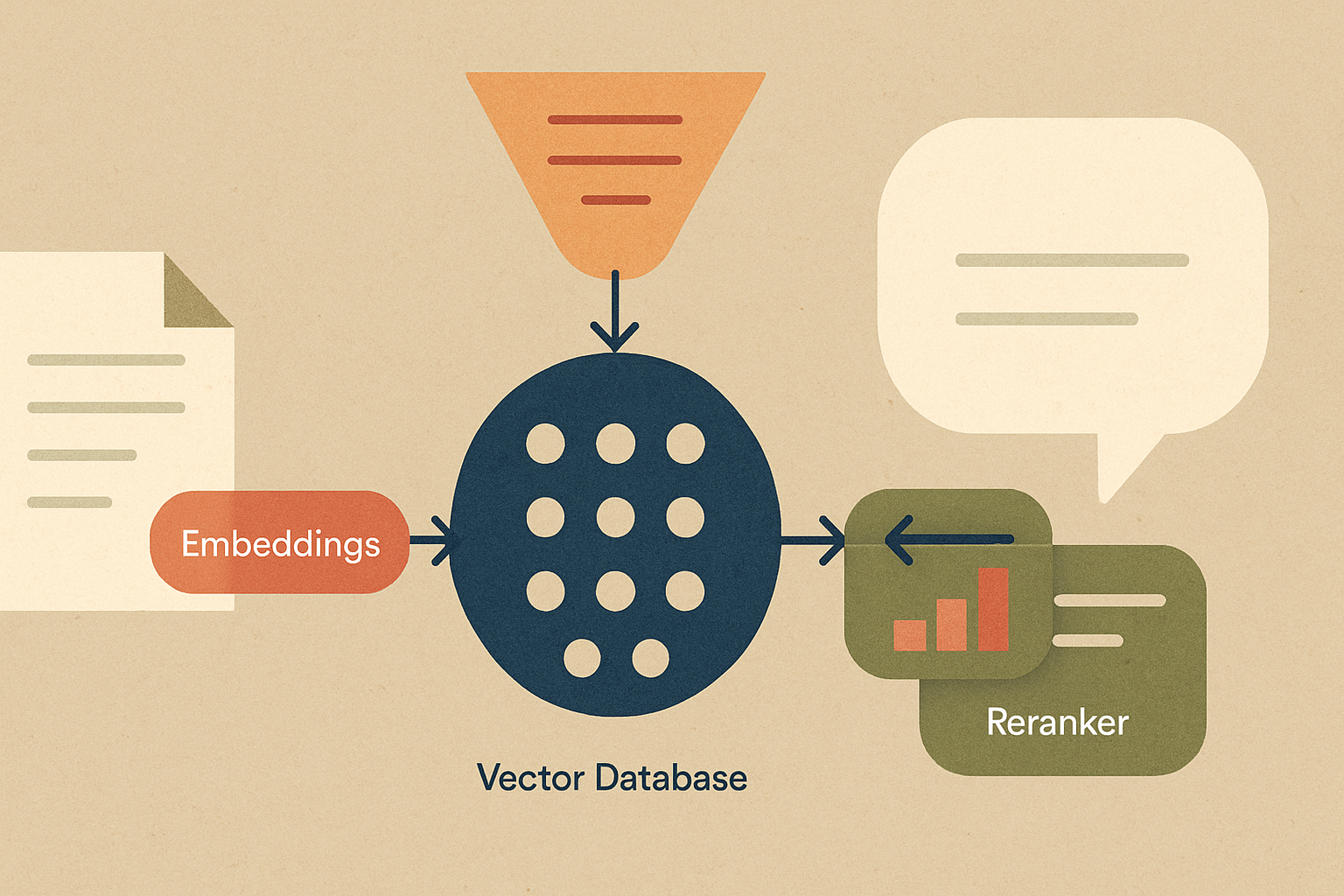 enterprise RAG architecture showing document ingestion into embeddings and vector database, with metadata filters and reranker before LLM response