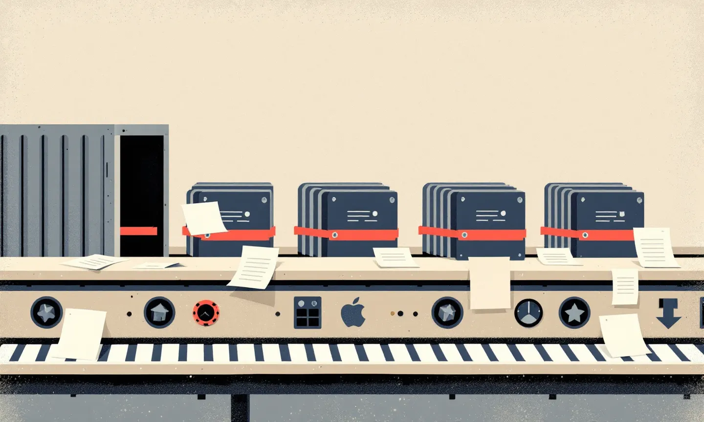 abstract illustration of a conveyor belt moving documents through a series of filtering gates, with some documents passing through and others being diverted