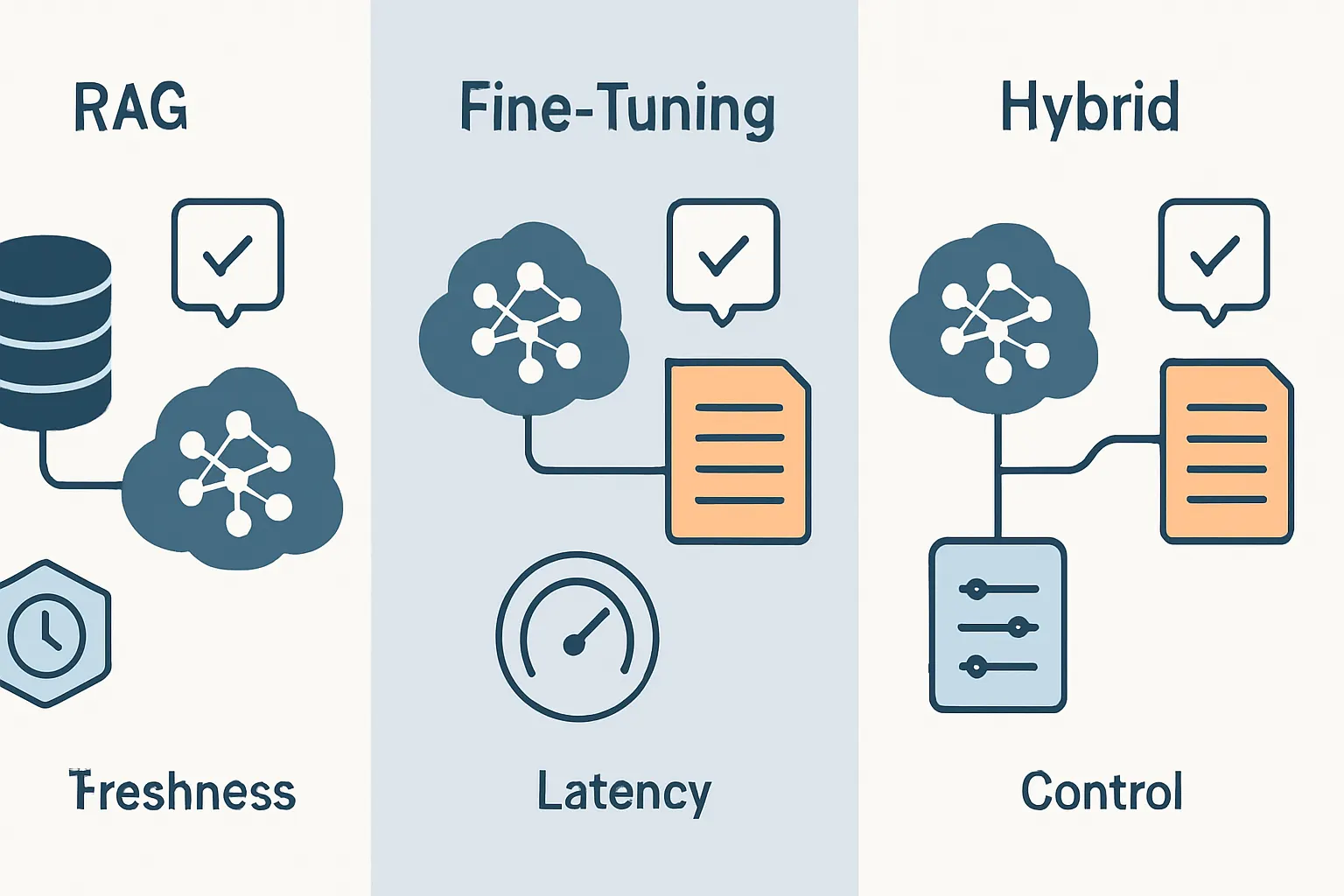 side-by-side comparison of RAG, fine-tuning, and hybrid enterprise AI architectures with callouts for freshness, latency, and control