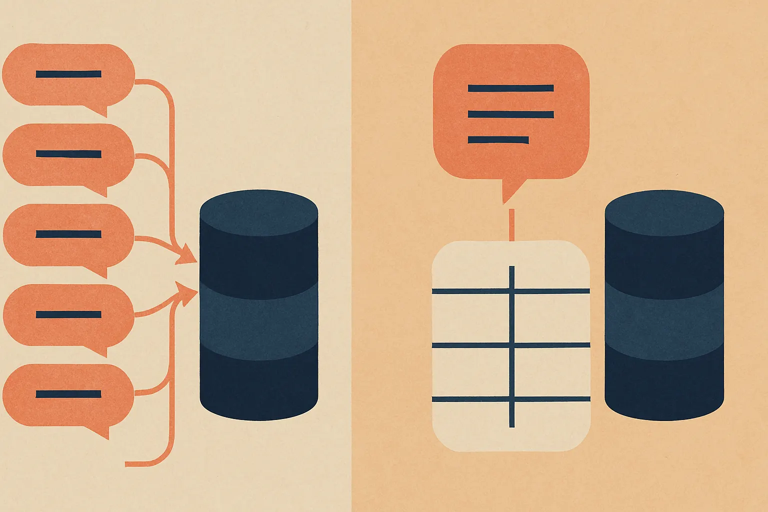 side-by-side comparison showing high cache reuse with repeated single-request prompts versus low cache reuse with large variable batched prompts