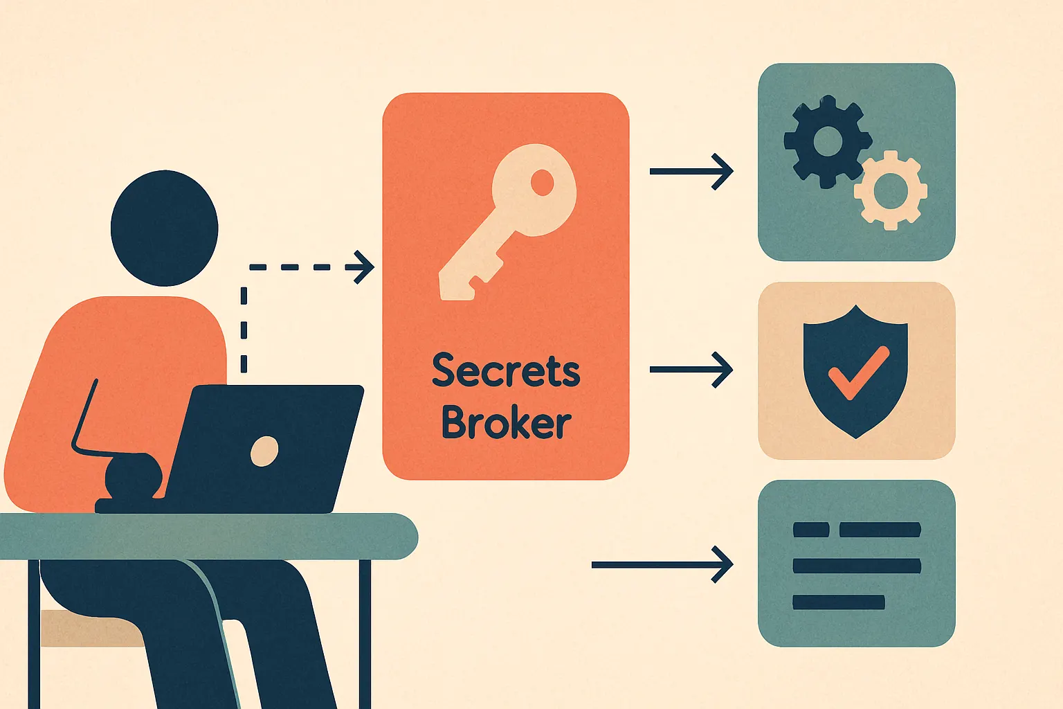 agent requesting temporary scoped credentials from a secrets broker, then calling approved tools through policy enforcement with audit logs recorded