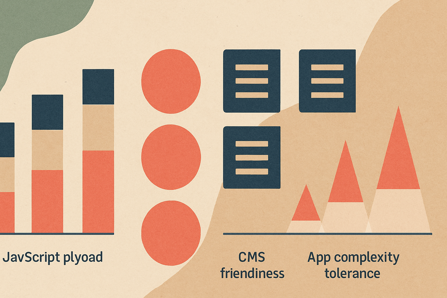 side-by-side comparison of Astro, Next.js, and Remix for a content-heavy product site, showing JavaScript payload, interactivity level, CMS friendliness, and app complexity tolerance