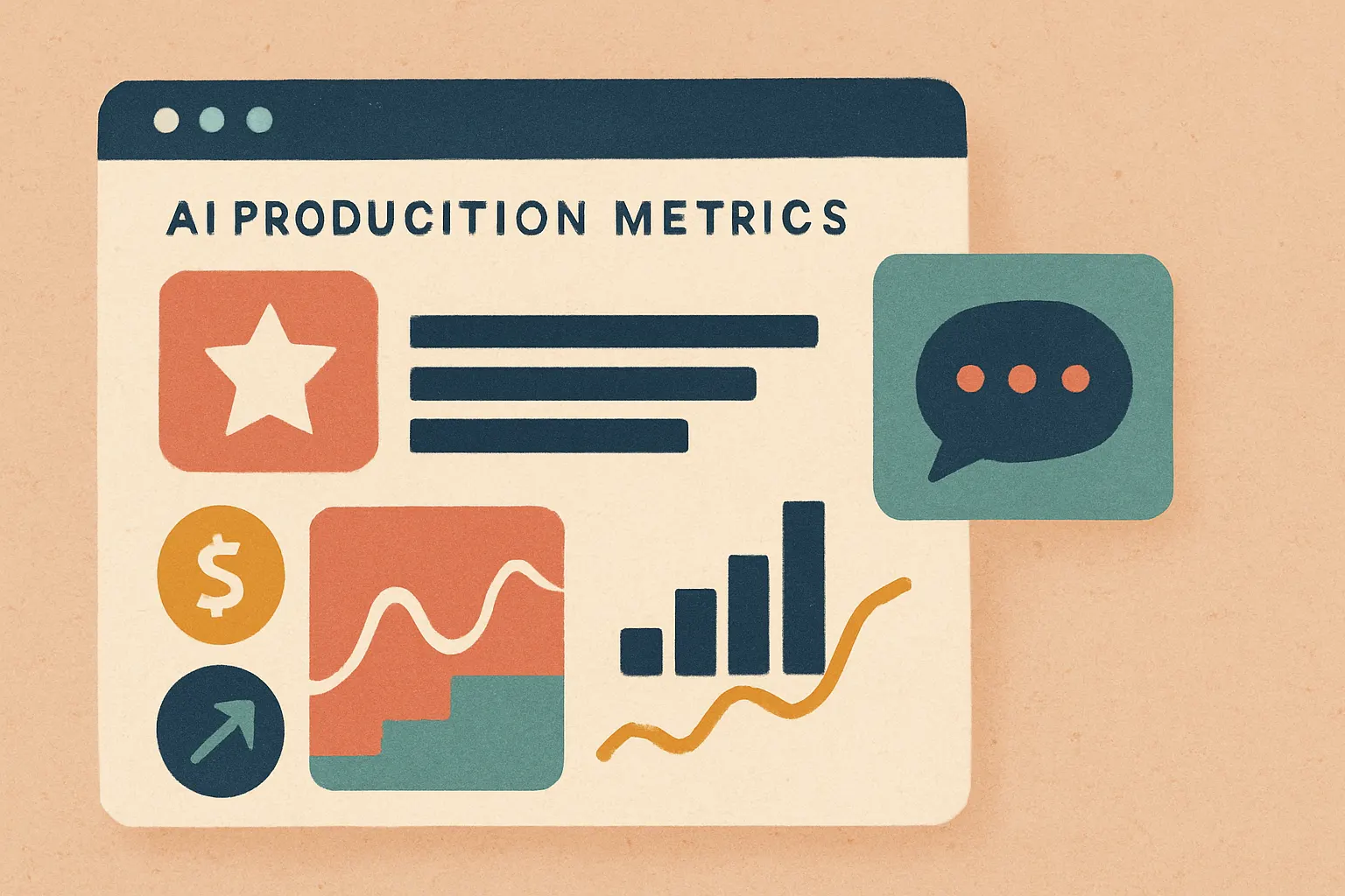 dashboard showing AI production metrics with quality score, latency, cost per request, fallback rate, and user feedback trends