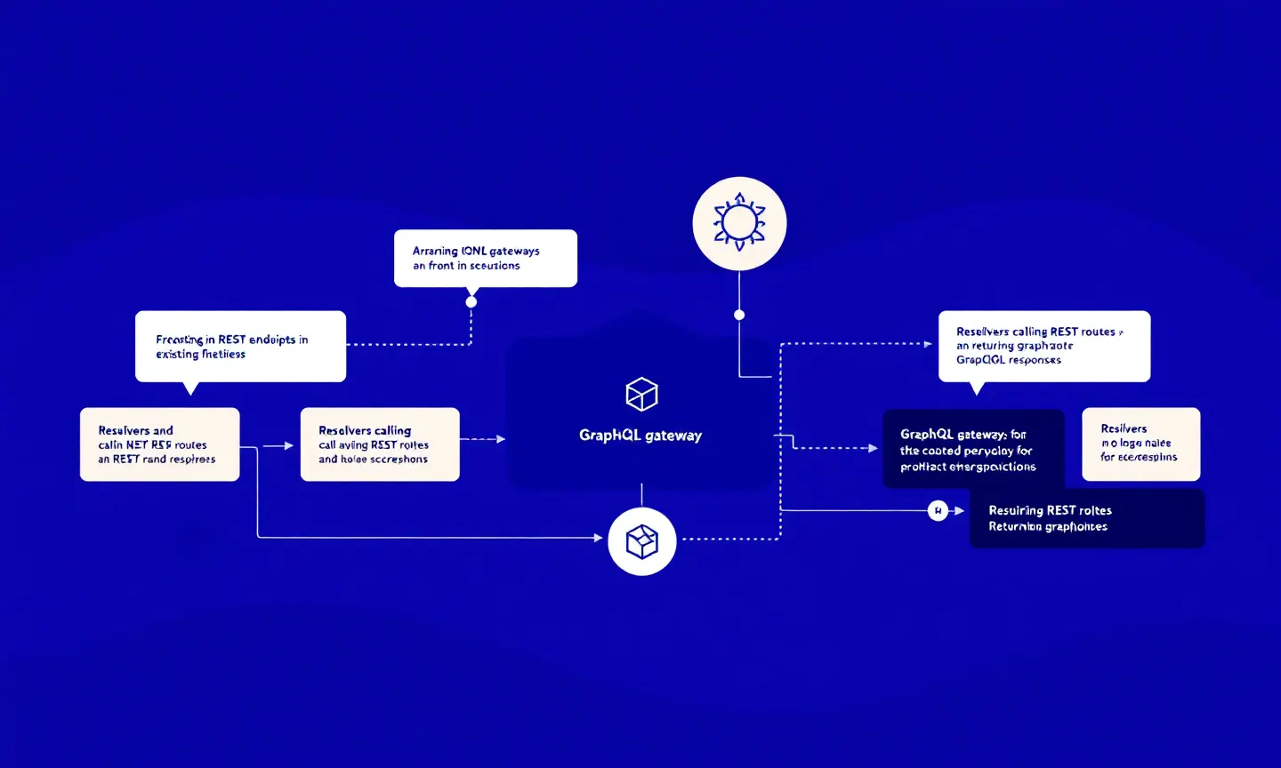 architecture diagram showing GraphQL gateway sitting in front of existing REST endpoints, with resolvers calling REST routes and returning GraphQL responses
