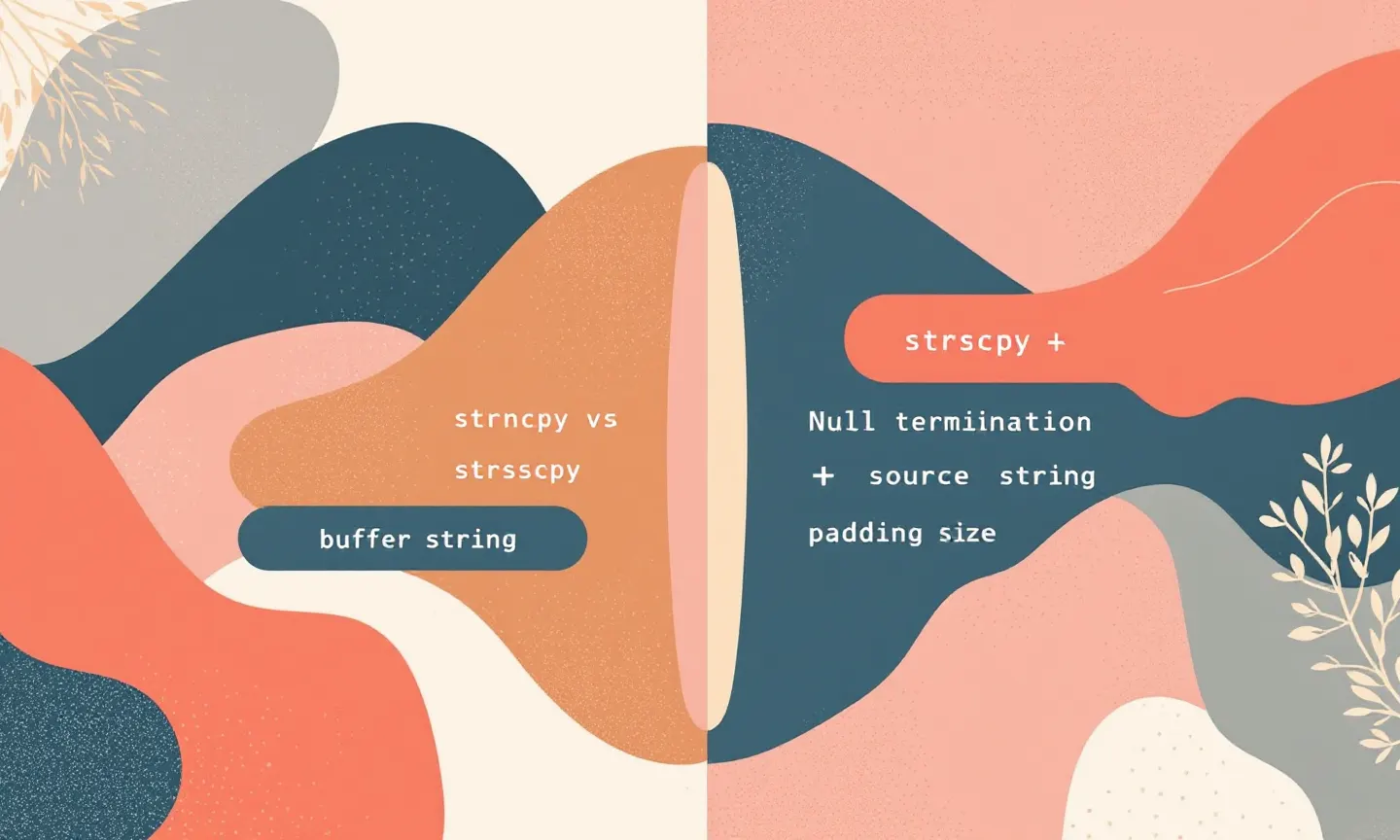 side-by-side comparison of strncpy vs strscpy behavior when source string exceeds buffer size, showing null termination and padding differences