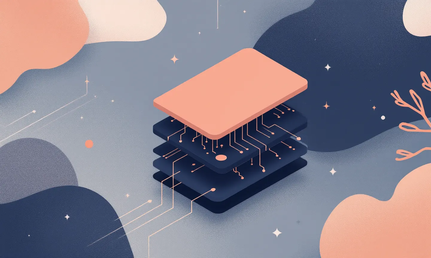 abstract illustration of a smartphone split into layers showing hardware circuits beneath a clean app interface
