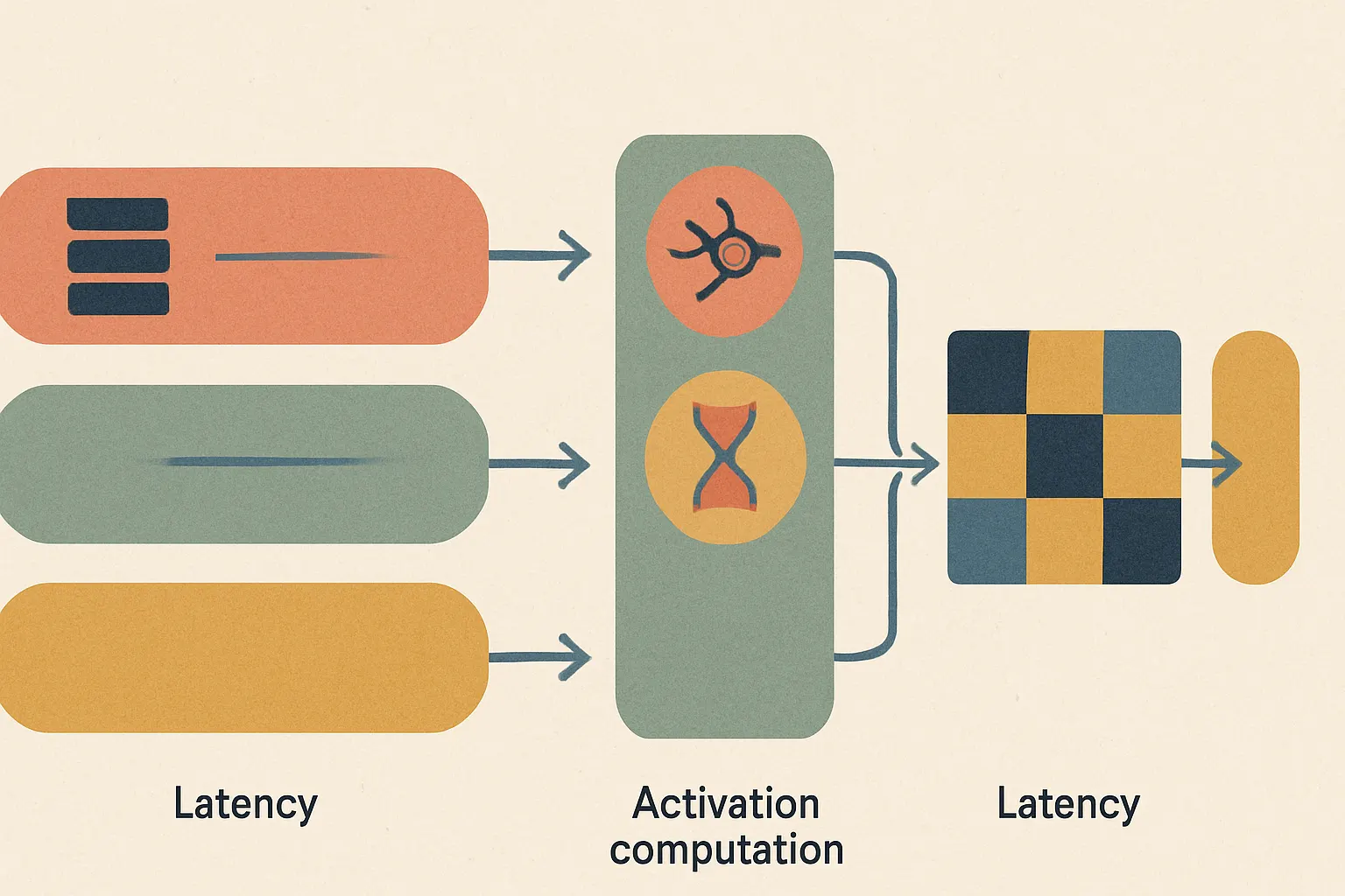 side-by-side illustration of a compact neural network inference path versus a KAN-on-FPGA pipeline, showing memory access, activation computation, and latency stages