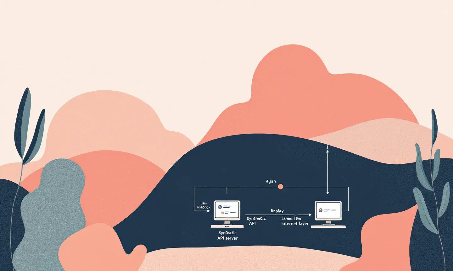 architecture diagram showing an agent sandboxed between a synthetic API server and a deterministic replay layer, with the live internet firewalled off