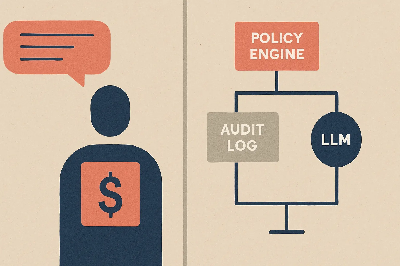 side-by-side comparison of a prompt-driven fintech agent versus deterministic orchestration with policy engine, audit log, and scoped LLM tasks
