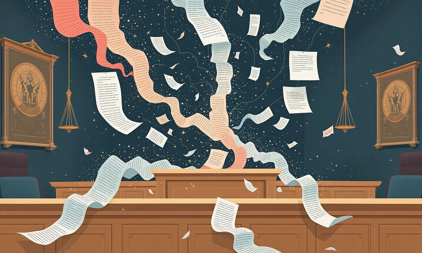 a courtroom scene dissolving into streams of flowing text and data