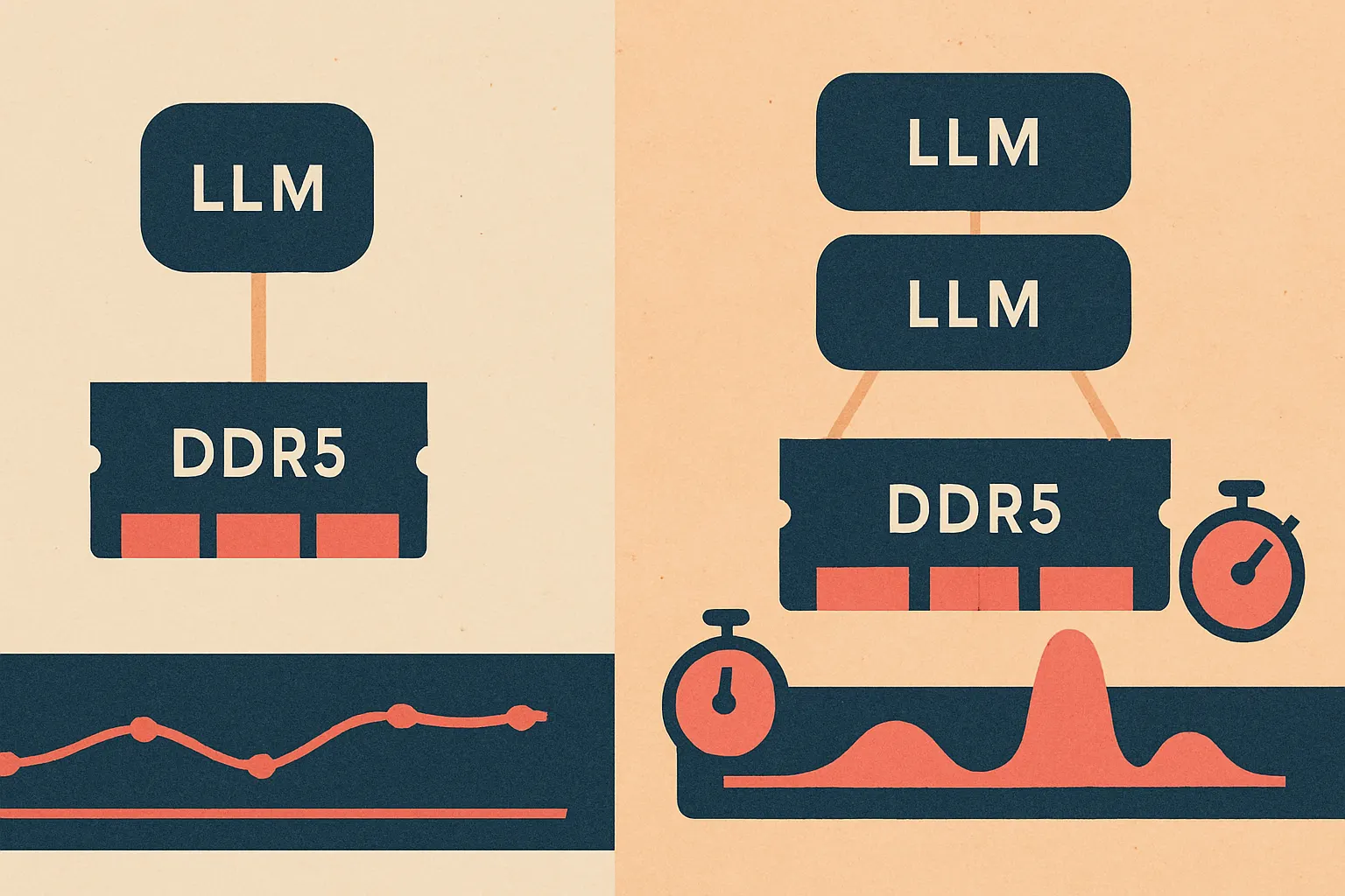 side-by-side comparison showing a single local LLM stream running smoothly on DDR5 shared memory versus dual concurrent streams causing memory bus congestion, token slowdown, and latency spikes